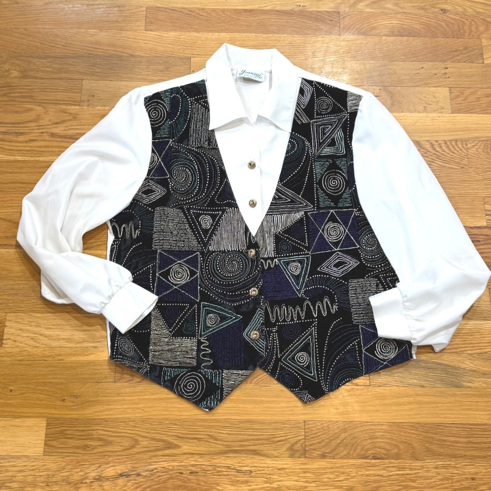 Vintage Joanna Made in USA Geometric Mock Vest Blouse White Black Metallic Large